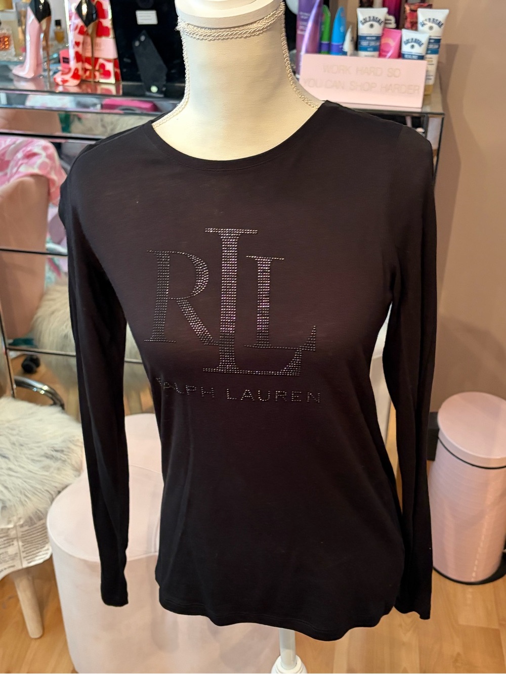 Ralph Lauren Studded Logo Black Cotton Blend Long Sleeve Shirt Size S
